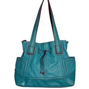 Tignanello Teal blue green Genuine Leather shoulder tote bag w bottle pockets